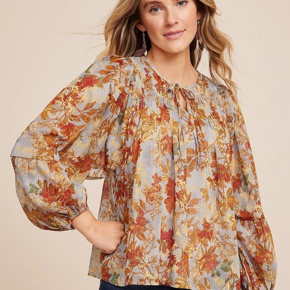 Maurices Autumn Floral Blouse - Red, Yellow, Blue Metallic Size Large
